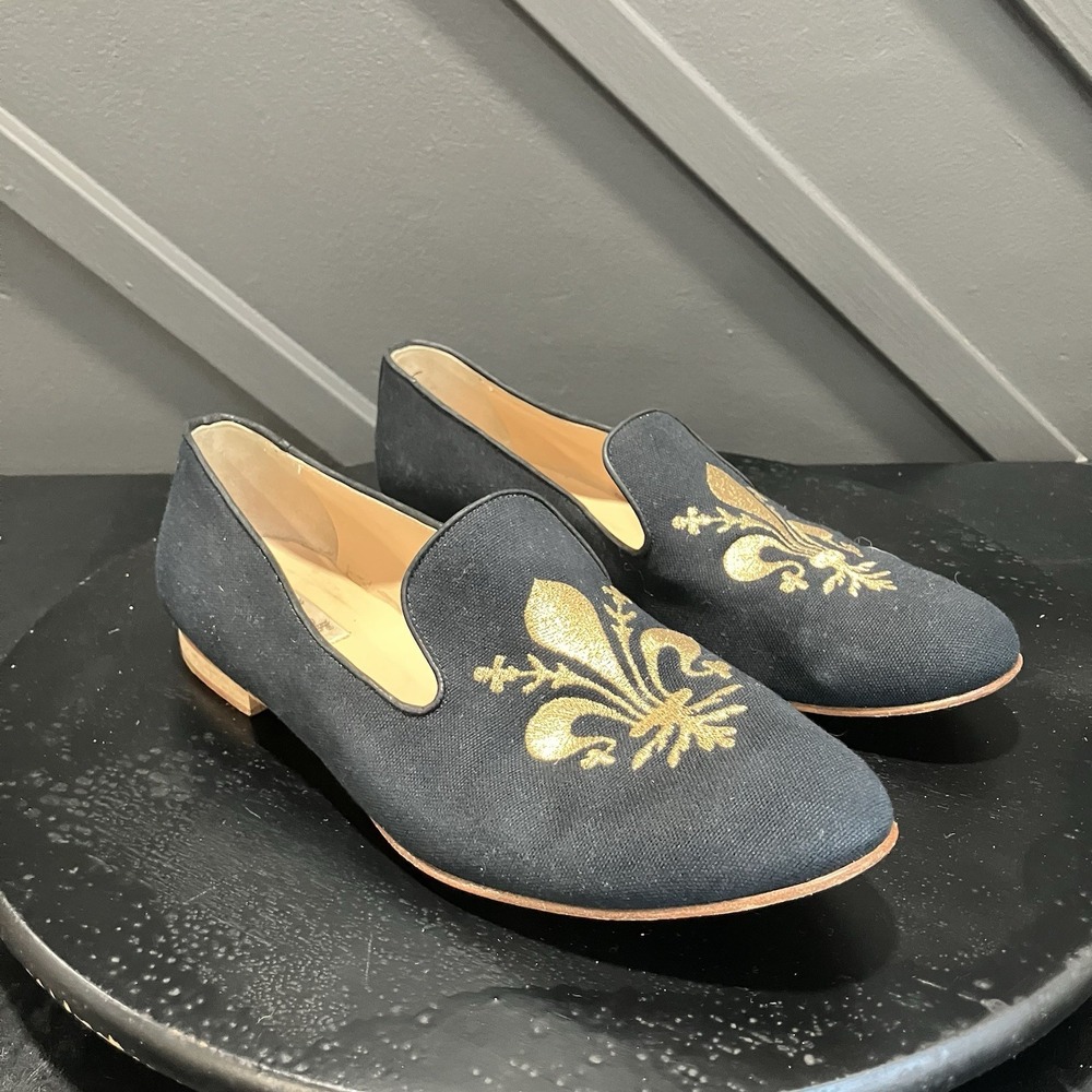 Botticelli Womens Sz US 9 EU 39 Navy Gold Fleur de Lis Leather Smoking Loafers